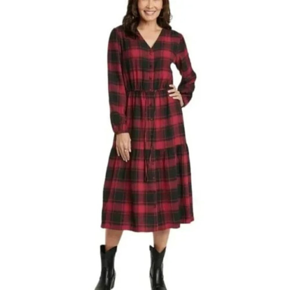 Knox Rose Red Black Plaid Midi Dress Long Sleeve V Neck Cottagecore Holiday XL*
